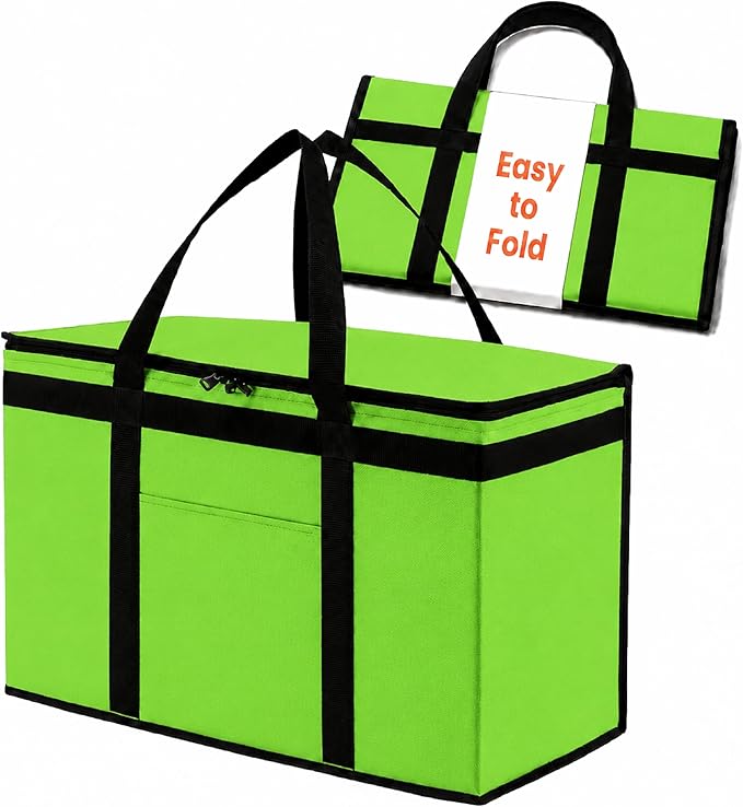 NZ home Insulated Bags for Food Delivery (2XL) Grocery Shopping Cooler Bag, Pizza Delivery, Hot & Cold Catering Tote, Reusable, Foldable & Heavy Duty (Green)