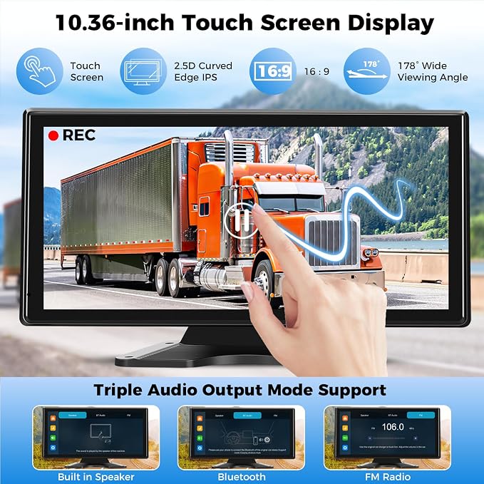 Truck RV Camera System with CarPlay & Android Auto,10.36'' Touch Screen with Recording & Voice Control & Navigation, 4 HD1080P IR Wired Rearview Backup Camera for Semi Trucks, RVs, Trailers