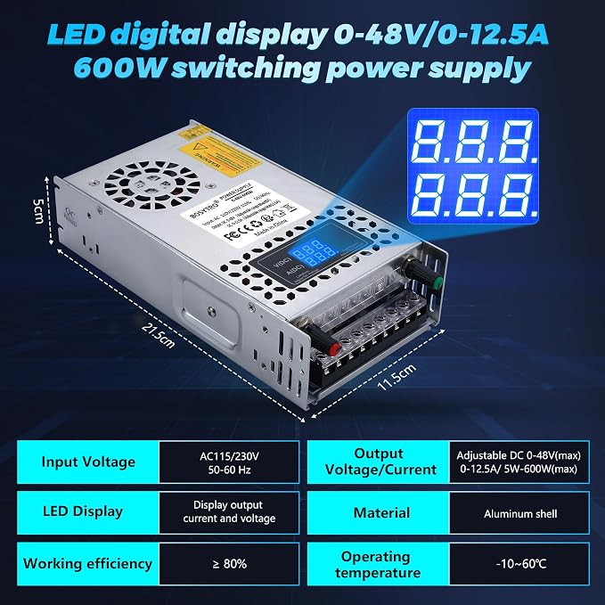 48V Adjustable dc Power Supply 600W,Switching Power Supply AC 110V/220V to DC 0-48V DC Converter with LED Digital Display, 5V 24V 36V Buck Converter for Dimmable LEDs,3D Printer,Computer Lab