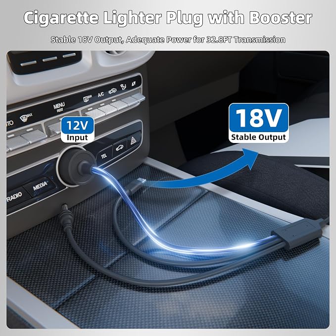 Starlink Mini 3 in 1 Power Cable 32.8FT with Booster, 100W+ USB C 12-24V Cigarette Lighter Plug and DC Power Cable Cord for Starlink Mini, Steady 18V Output Plug and Play 10M