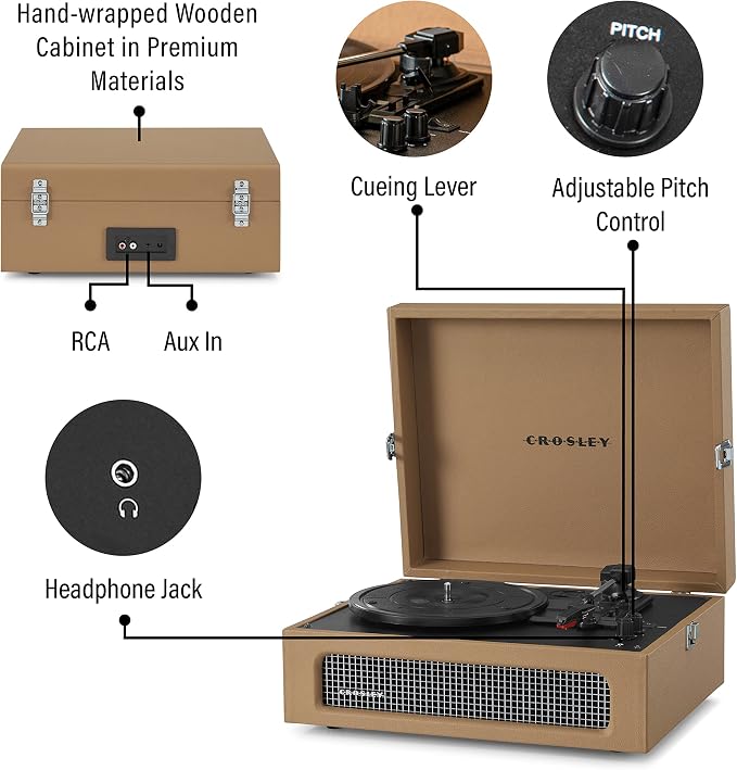 Crosley CR8017B-TA Voyager Vintage Portable Vinyl Record Player Turntable with Bluetooth in/Out and Built-in Speakers, Tan