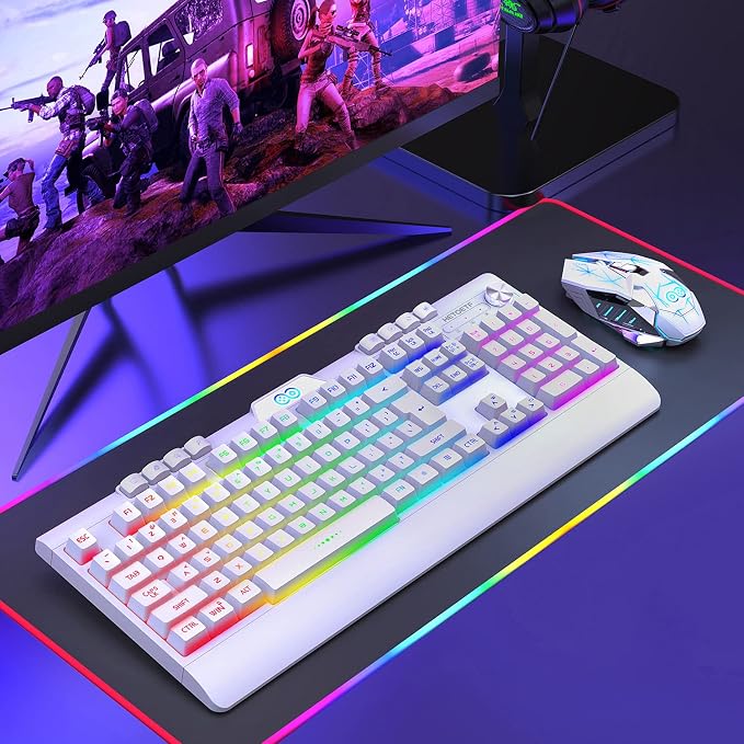 H8 Wireless Gaming Keyboard and Mouse Combo, LED Backlit Rechargeable 3800mAh Battery, Mechanical Feel Anti-ghosting Keyboard with Wrist Rest + 7D 3200DPI Mice for Windows, Mac, PC, Laptop