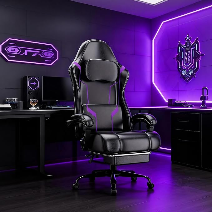 Ergonomic Gaming Chair, Video Game Chair with Pocket Spring Cushion and Footrest, Height Adjustable Computer Chair with Swivel Seat and Headrest (Purple)