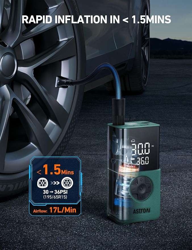 AstroAI L7S Tire Inflator Portable Air Compressor Cordless with Digital Pressure Gauge, 150 PSI LED Light Bike Air Pump with Fast Inflation & Auto Shut-Off for Car Tires,Motorcycles,Bikes,Balls,Green