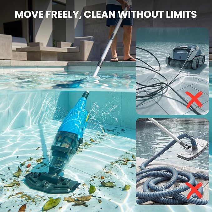 Cordless Pool Vacuum Above & Inground Pools, Powerful 15GPM Suction, Handheld Pool Vacuum with 4 Section Pole up to 87", 1H Runtime, Debris Filter Bin, Rechargeable Pool Cleaner for Spas & Hot Tubs