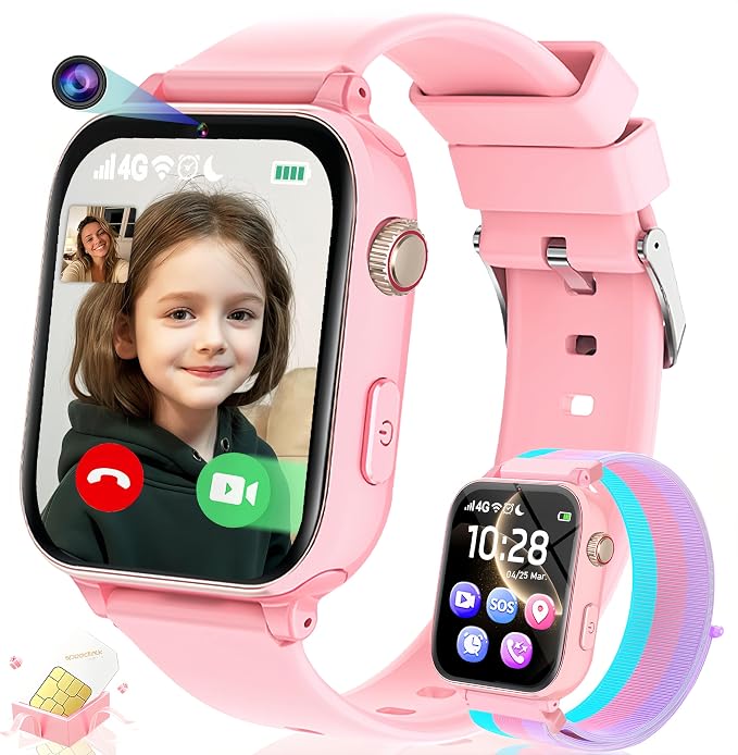 Kids Smart Watch for Boys Girls, 4G Smartwatch Phone for Children with GPS, Call, SOS, Video/Voice Chat, Parental App, Alarm, HD Touchscreen Watches for Kid Gifts Ages 4-12, Bright Pink