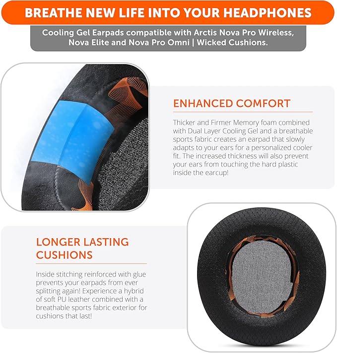 WC Freeze Nova Pro Wireless - Cooling Gel Earpads for Arctis Nova Pro Wireless, Nova Elite & Nova Pro Omni (Doesn’t Fit Other Models), by Wicked Cushions, Extra Thick & Comfortable | Kinetic Wave