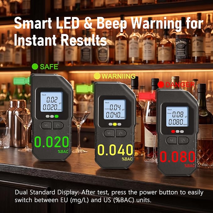 Breathalyzer Alcohol Tester，Professional Dual-Sensor Alcohol Tester with LCD Digital Display - Portable BAC Detector Kit, Includes 20 Replacement Mouthpieces for Driving, Home, Party