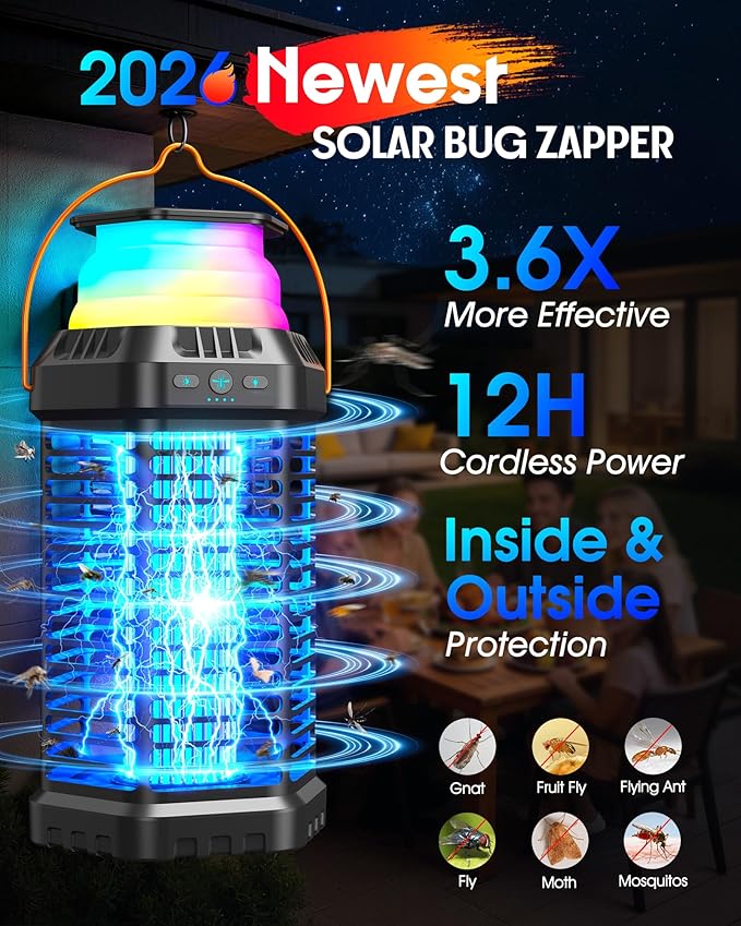 Solar Bug Zapper Outdoor, Rechargeable Mosquito & Fly Zapper with Auto ON/Off, 6000mAh Long-Lasting, Foldable Camping Light, Solar & USB Powered Bug Zapper for Patio, Camping & Indoor Use