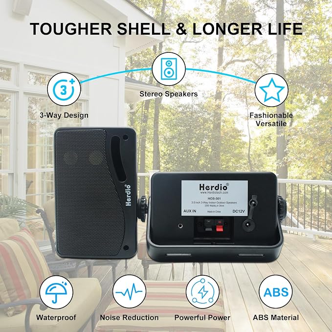 Herdio 3.5" Outdoor Bluetooth Speakers Wired Waterproof, 200W 3 Way Upgrade Premium Wall Mount Speakers, Durable Mountable Loud Sound System for Patio Indoor Deck Garage (Black Pair)