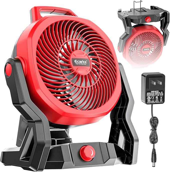 Ecarke 10" Portable Floor Fan Compatible with Milwaukee 18V Battery (Tool Only) AC Power 3500RPM High Airflow Cordless Fan with Hook 3-Speed Quiet Operation for Jobsite Camping Tent