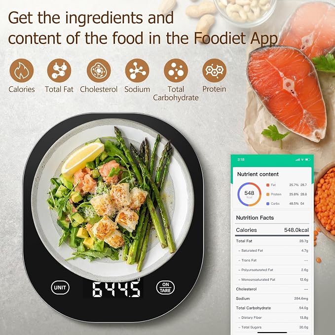 Arboleaf Smart Food Kitchen Scale, 22lb Digital Food Scale with Nutritional Calculator, Smart Kitchen Weighing with App for Macro, Keto, Calorie, Cooking, Grams and Ounces, 0.1oz/0.5g, Black