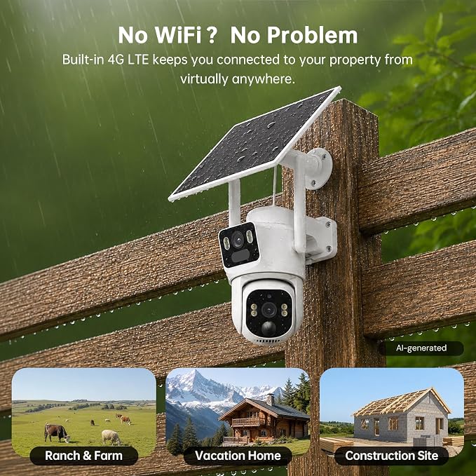 ELYSOO Dual Lens 4G LTE Cellular Security Camera, 2K HD Video, No WiFi Needed, 360° View Camera with Night Vision, Easy to Install, PIR Alarm, Built-in SIM Card(Supports Verizon/AT&T/T-Mobile) - White