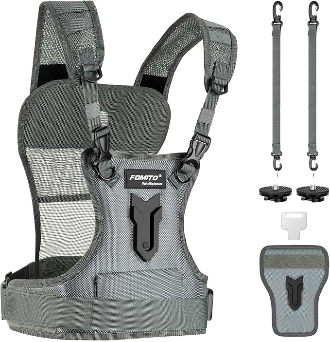 FOMITO Dual Camera Chest Harness System, Professional Photography Vest with Side Holster, Gray