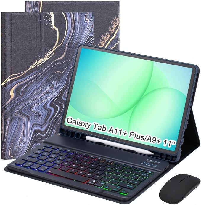 Keyboard Case for Samsung Galaxy Tab A11 Plus 11 Inch 2025/ A9+ Plus 2023 Tablet, Detachable Rainbow Backlit Wireless Keyboard and Mouse, Slim Stand Cover with S Pen Holder (Black Marble)