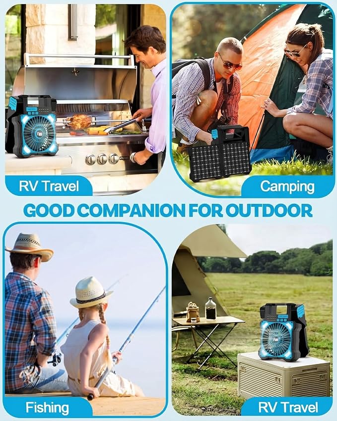 22000mAh Camping Solar Fan, Dual-Panel Rechargeable Solar Powered Fan with LED Light, 5 Adjustable Speeds Battery Powered Portable Fans, USB-C Fans for Travel Tent Home Camping Accessories