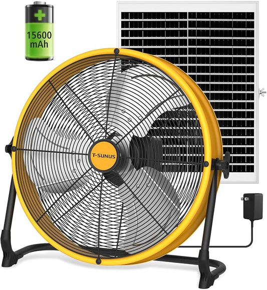 T-SUNUS 16" Solar Powered Fan with 25W Panel & 15600mAh Battery Operated Camping Floor Fan 2500 CFM, Quiet High Velocity Outdoor for RV, Garage, Greenhouse, Patio, Tent, Emergency Power Outage Cooling