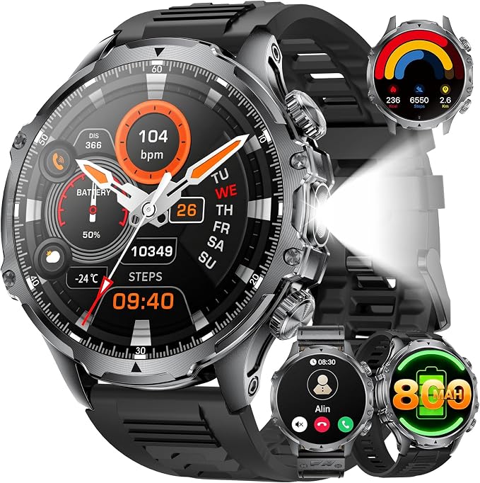 SUNKTA Military Smart Watch for Men Answer/Make Call, 1.85'' HD Rugged Smartwatch with 800mAh Battery/Flashlight/Heart Rate/110+ Sports Mode, IP68 Waterproof Fitness Tracker Watch for Android iPhone