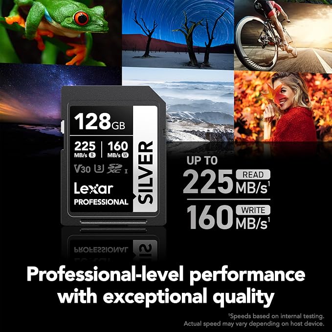 Lexar 128GB Professional Silver SD Card, UHS-I, C10, U3, V30, 4K, Up to 225/160 MB/s SDXC Memory Card, for Professional Photographer, Videographer, Enthusiast (LSDSILV128G-BNNNU)