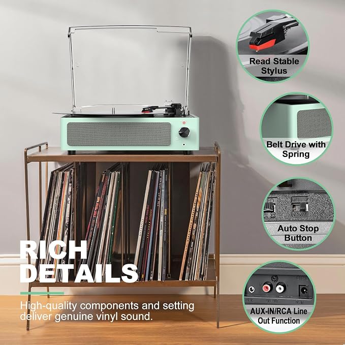 Record Player with Speakers Turntable for Vinyls Records Belt-Driven Turntables LP Vinyl Players Support Auto Stop 3-Speed 3 Size Wireless Playback Headphone AUX RCA Line Out New Sleek Mint Green