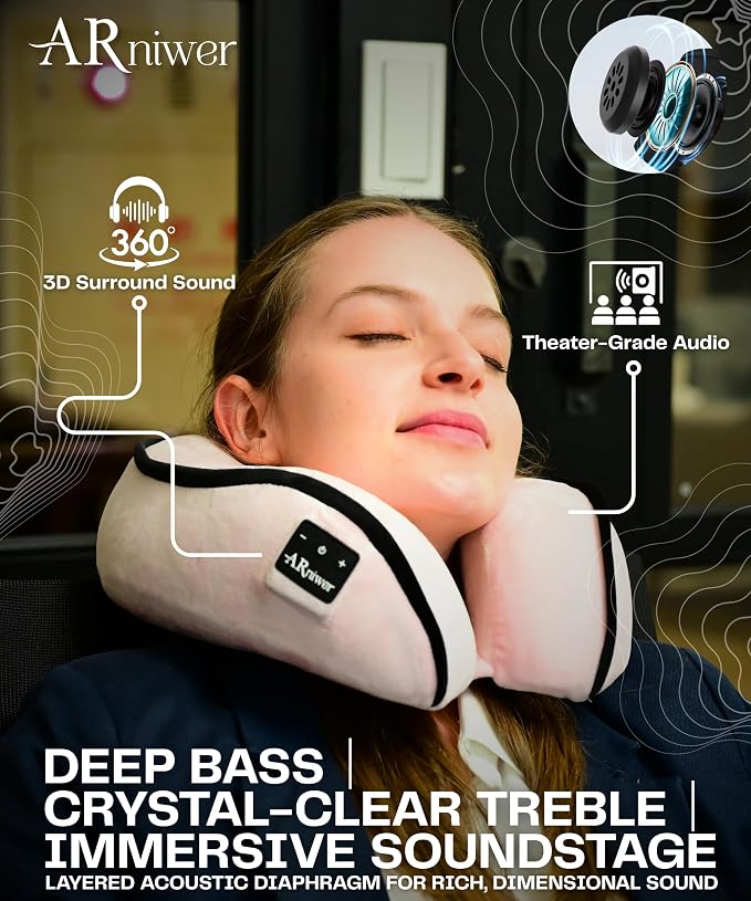 Bluetooth Music Neck Pillow Plus+ Thicker Support Wireless Bluetooth Speaker Suitable Airplane,Train,Car,Office,Outdoor Camping for Sleeping, Resting The Best Travel Essentials. (Dark Gray)