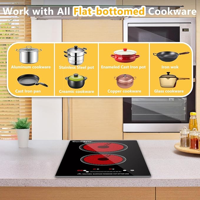 2 Burner Electric Cooktop, 110-120V Plug In Countertop Stove, Touch Control with 99-Min Timer, Child Lock & Auto Shutoff, 12 Inch Radiant Cooktop for Indoor Cooking