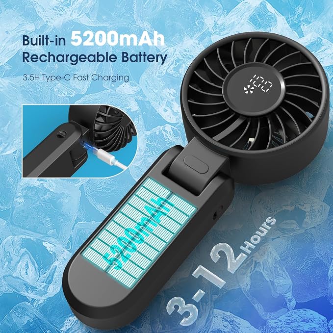 【5200mAh】Portable Handheld Fans for Travel, High-Speed Motor, Rechargeable Hand Held Fan, 5 Speed,180°Foldable, Small Personal Fan,4-IN-1 Hand/Desk/Waist/Neck Fans,Summer Beach Travel Essentials