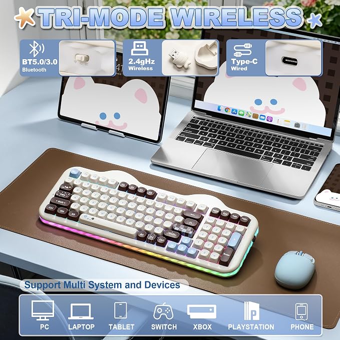 YUNZII C98 Wireless Mechanical Keyboard with Number Pad,98 Key BT5.0/2.4G/USB-C Hot Swap Gasket Mount with PBT MOA Keycaps,Custom RGB,Cute Cake Keyboard for Win/Mac (Choco, Milk V2 Linear Switch)