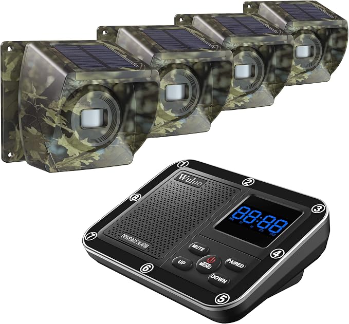 Solar Driveway Alarm Wireless Outside 1800ft Range, Outdoor Motion Sensor & Detector Driveway Alert System with Rechargeable Battery/Weatherproof/Mute Mode (1&4-Camouflage)
