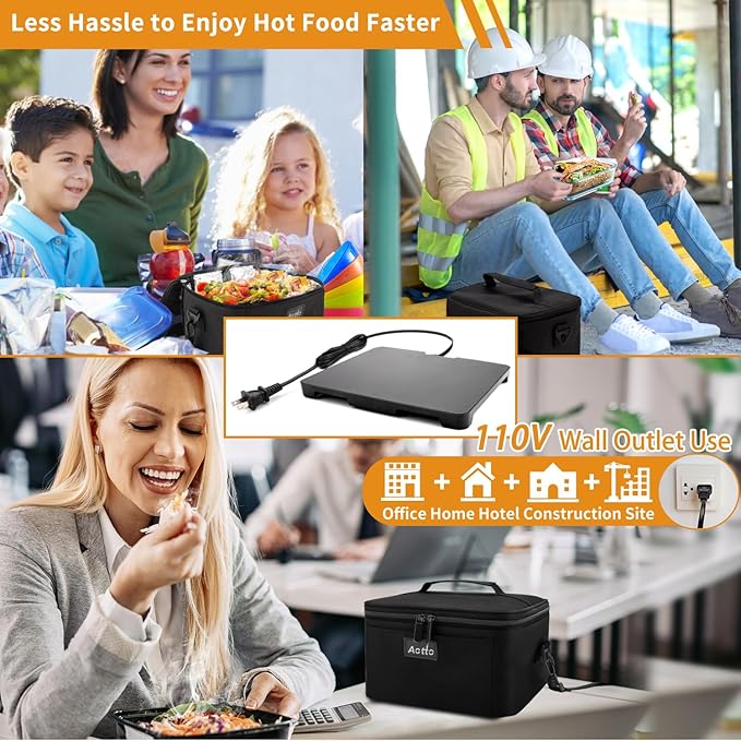 Aotto Electric Lunch Box Food Warmer: 110V/120V Mini Heated Lunch Box Food Heater with Wall Plug for Men and Women - Reheat & Keep Meals Warm for Work, Office, and Construction - Black