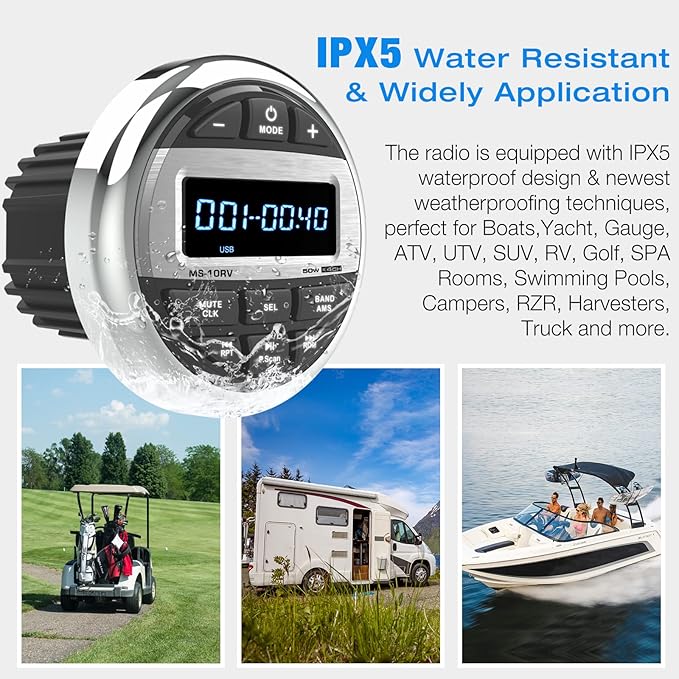 Bluetooth Marine Radio Boat Stereo: Waterproof Boat Audio Receiver - Digital Marine Grade Player with FM AM Radio USB AUX-in Subwoofer Pre-Amp EQ