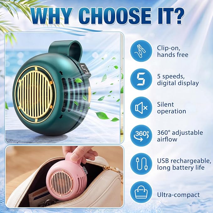 2 Pack Portable Silent Mini Bladeless Fan Clip On 5 Adjustable Speeds Digital Display 360 Rotatable USB Rechargeable Electric Small Fan for Shirt Waist Outdoor Travel(Green)