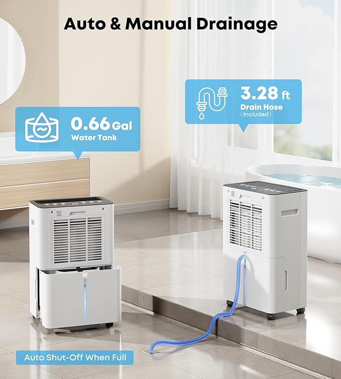 2500 Sq. Ft. Dehumidifier for Basement, 32 Pint Dehumidifiers for Home with Drain Hose, Smart Humidity Control Humidistat, Ultra-Quiet 32dB Moisture Control with 24H Timer for Bathroom, Bedroom & RV