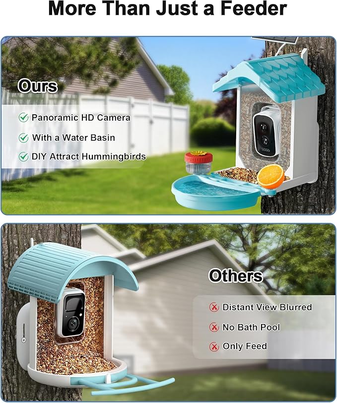 VISIOGEAR 2-in-1 Smart Wild Bird Feeder & Bath with 4K HD Camera, AI Identification Solar Bird Feeder Watching Camera Night Vision for Outdoor Birds Watching Gifts for Birdlover, Blue