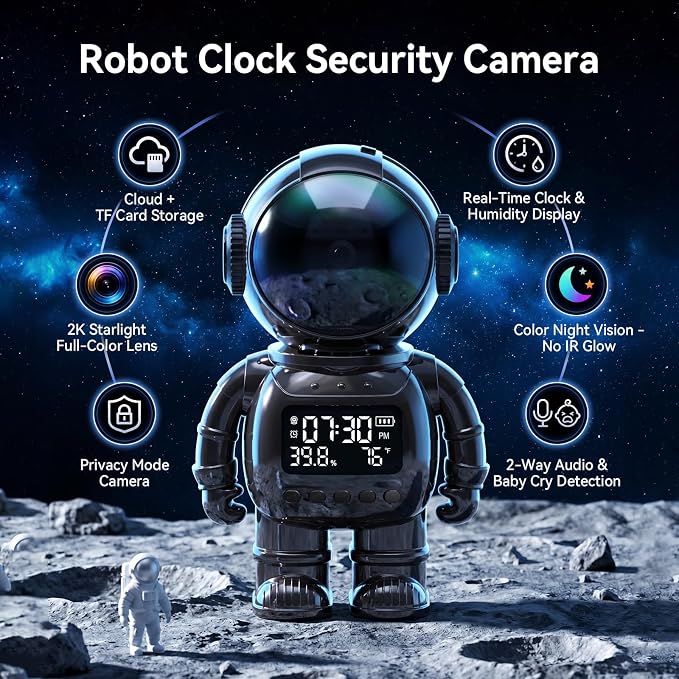 GBIUT Robot Alarm Clock Camera, 2K HD 5G/2.4Ghz WiFi Pet Robot Camera, Human Detection, Night Vision, Two-Way Talk & Motion Alert, Temp Humidity Display, Space Gift for Kids