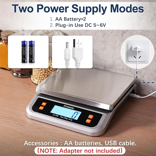 ATOGOU 66lb Food Scale, Commercial Kitchen Scale Plug-in Usable with Full View LCD Display, Stainless Steel, for Baking, Bread, Cooking, Meat, Vegetables, Farm, Industry LC200 Silver