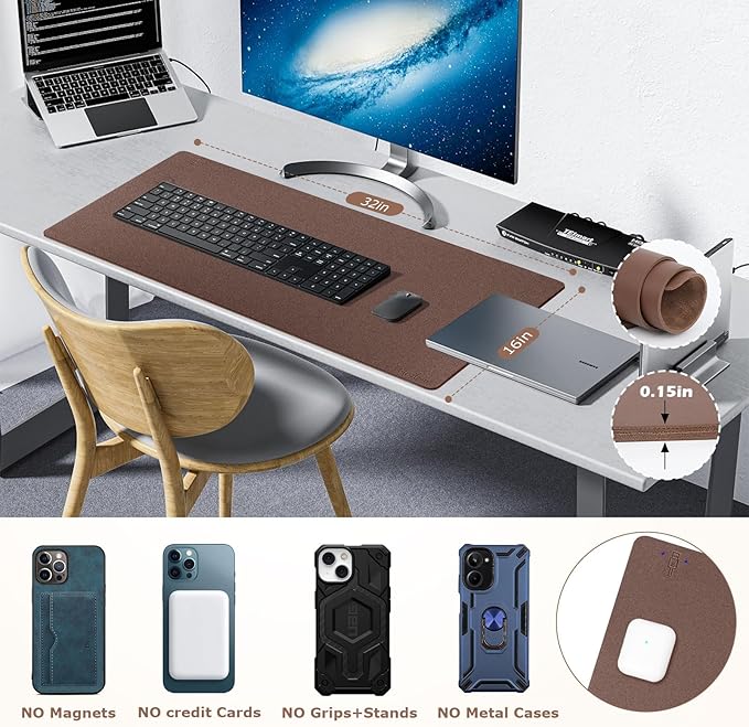 Wireless Charging Mouse Pad Firelison 2 in 1 Leather Multifunctional Office Desk Pad with Non-Slip Rubber Base, Waterproof Desk pad for Computers/Office/Work/Home/Decor（ 32" x 16"Brown - L）