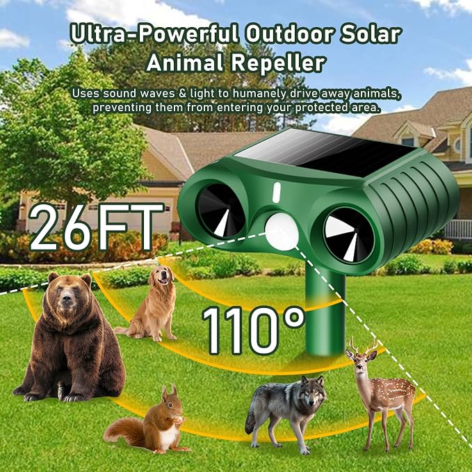 2026 Upgraded Solar Ultrasonic Animal Repellent Outdoor,Deer Repellent Devices Waterproof,Motion Activated Cat Repellent Outdoor,Squirrel Raccoon Skunk Rabbit Dog Bird Deterrents for Yard -2 Pack
