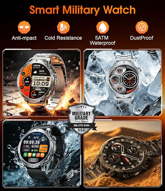 LIGE Military Smart Watch for Men, 1400mAh 60-Days Battery, 1.85" HD Smartwatch with LED Flashlight, 100+ Sports Mode, IP68 Waterproof, Pedometer, Fitness Watch for Android iOS