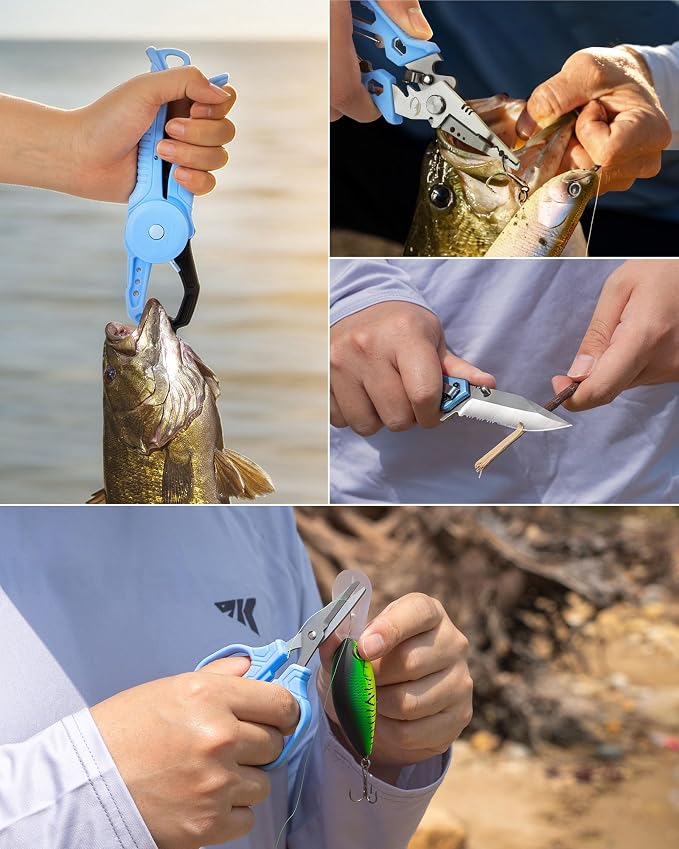Calamus DriftWave Fishing Tool Kit – Corrosion Resistant Pliers, Lip Gripper with Soft Retractable Measuring Tape, Filet Knife, Pocket Knife，Fishing Scale, Retractor & Glove, Fishing Gifts for Men
