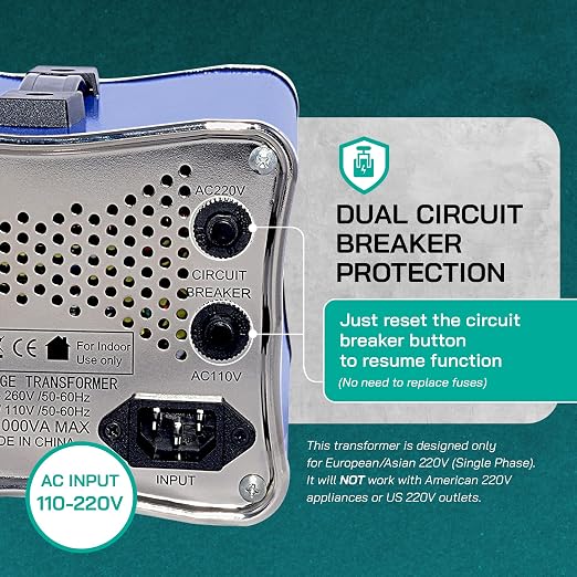 LiteFuze 1000W Voltage Converter Step-up/Down Auto Power Transformer - 110/120v to 220/240v - Heavy Duty – Circuit Breaker Protection – Converting Box Technology - Blue