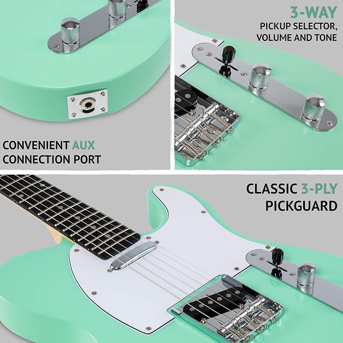 LyxPro 39” Electric Guitar TL Series, Full-Size Paulownia Wood Body, 3-Ply Pickguard, C-Shape Neck, Ashtray Bridge, Quality Gear Tuners, 3-Way Switch & Volume/Tone Controls, 2 Picks Included, Green