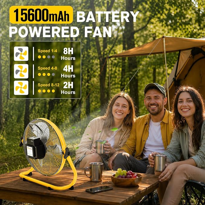 14" Solar Powered Fan with 20W Solar Panel & Rechargeable Battery, Portable, Quiet 12 Speed, 360° Tilt Head for Outside, Camping, Travel, Greenhouse, Chicken Coop, Patio, gazebo (Yellow)