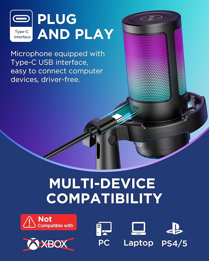InnoGear USB Gaming Microphone Set, Noise Cancellation Condenser Mic with Boom Arm RGB Mute Headphones Jack for Streaming Podcasting Recording Vocal PC Computer YouTube Discord PS4 PS5, Black