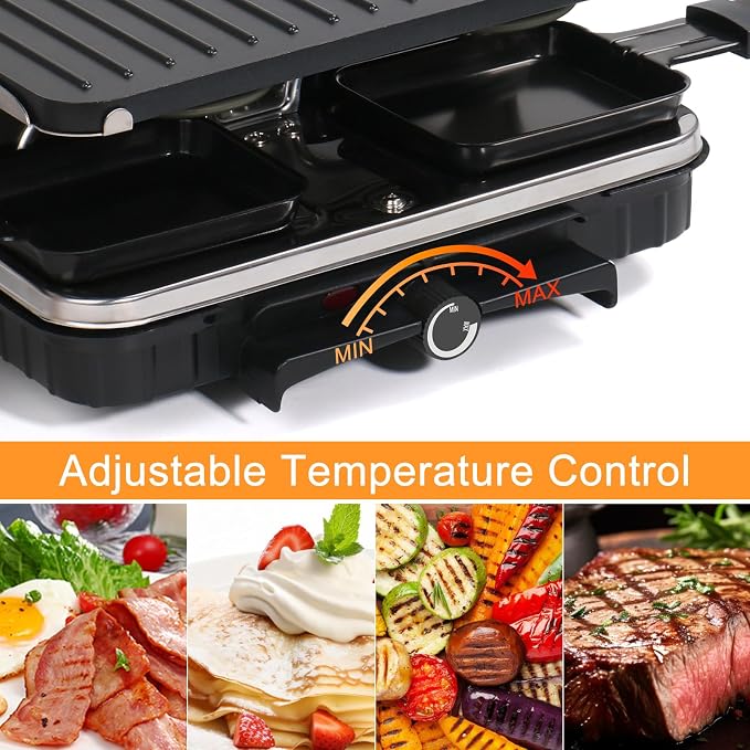 Raclette Table Grill, Indoor Grill Korean BBQ Grill Electric Griddle, 2 in 1 Electric Griddle Nonstick with 8 Raclette Cheese Pans Adjustable Temperature Control 1300W Ideal for Family Party Fun