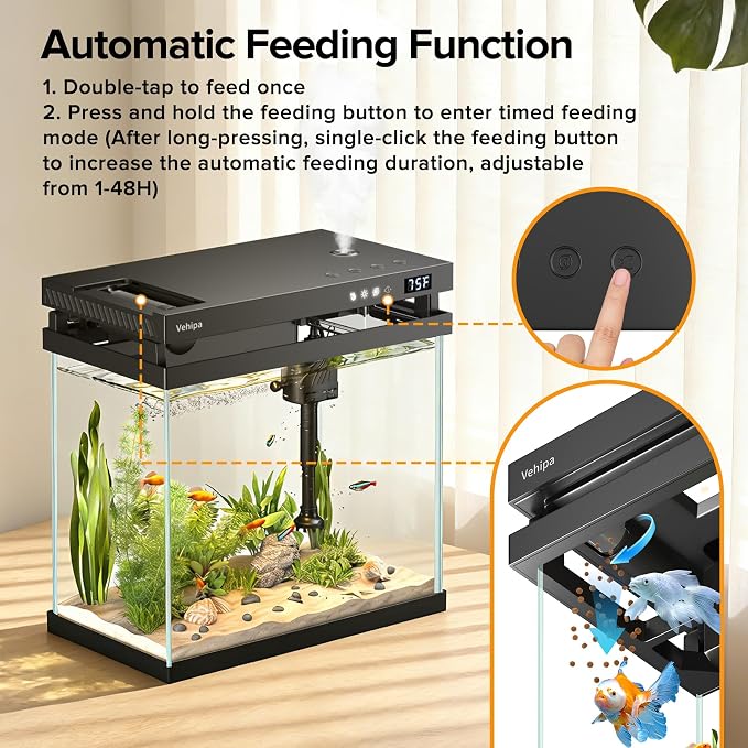 Vehipa Fish Tank, 2.2 Gallon Smart Aquarium, Small Fish Aquarium Kits with Smart Humidifier, Auto Feeder, Silent Water Pump, Temperature Display & 7-Color Lighting, for Office & Home - Black