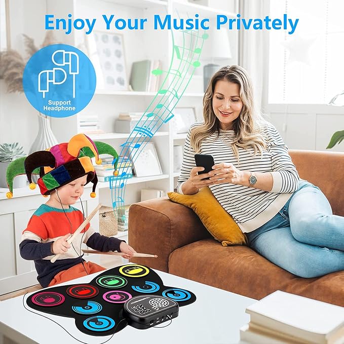 Electric Drum Set, 9 Drum Practice Pad, Roll-up Electronic Drum Pad with Headphone Jack Built-in Speaker Drum Sticks Foot Pedals, Gift for Kids