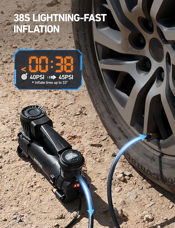AstroAI T4 Truck Tire Inflator Portable Air Compressor, 120PSI Heavy Duty 12V Air Compressor with Digital Gauge & Auto Shut Off, Fast Inflation Air Pump for Trucks, Pickups, SUVs, RVs | Alligator Clips, LED Light