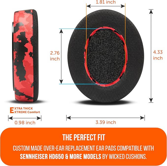WC Freeze HD6XX - Cooling Gel Earpads for Sennheiser HD6XX, HD58X, HD600, HD650, HD660S, HD660S2, HD580, HD565 & More, Made by Wicked Cushions | Extra Comfortable and Cool | Red Camo