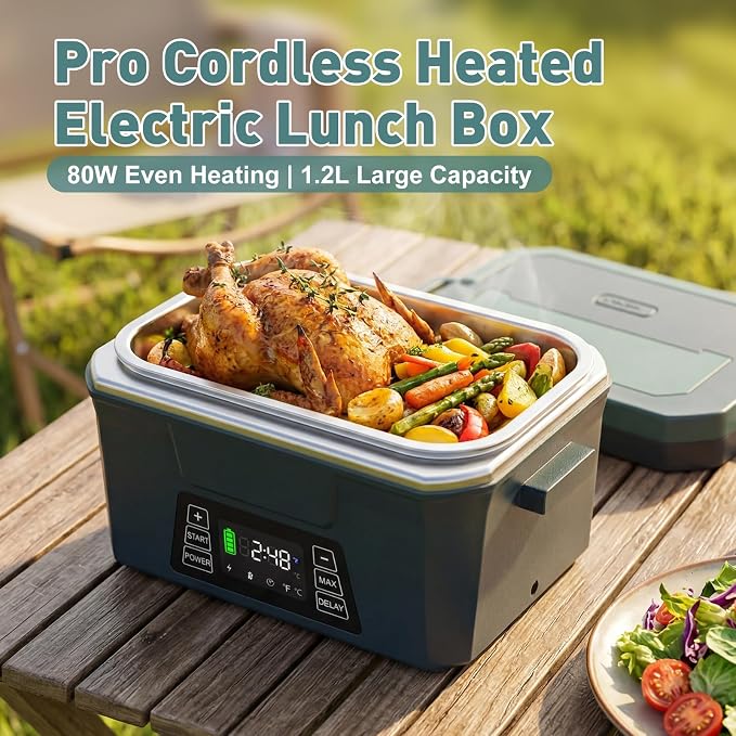 Cordless Electric Lunch Box for Adults, APP Control Heated Lunch Box for Men, 18000mAh Battery Powered Portable Food Warmer w/ Timer, Auto Heating 5-side Rechargeable 248°F for Work/Outdoor/Gifts